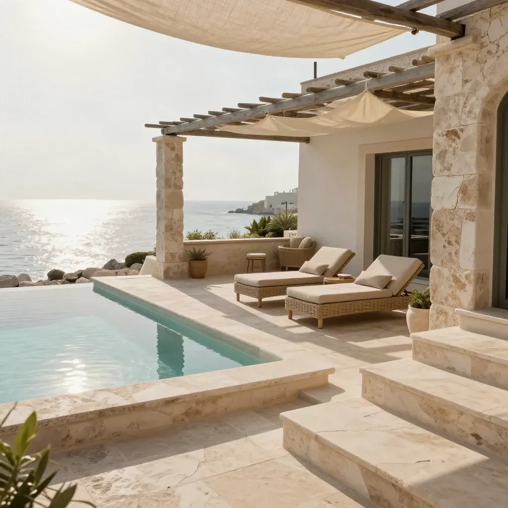 Terrazza hotel in Puglia sul mare con lettini in vimini, piscina calma e luce di mezzogiorno.