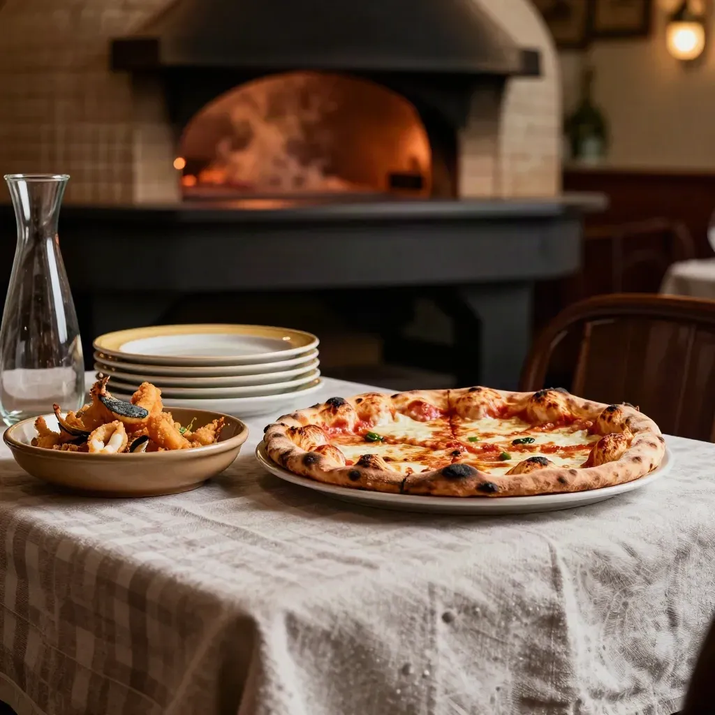 Tavola di trattoria napoletana con pizza al forno, fritti di mare e vapore caldo.