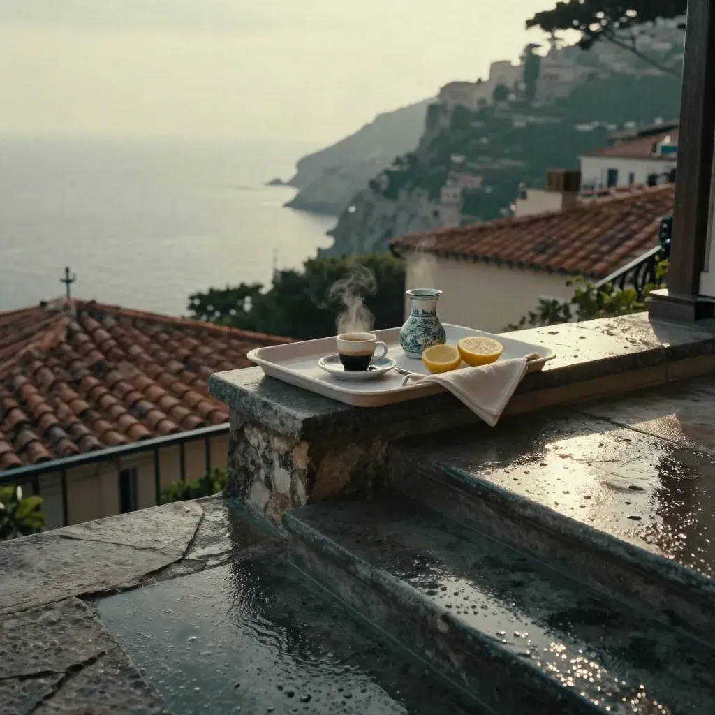 Terrazza di hotel sul mare all’alba con caffè, vassoio di lino e pietra bagnata.