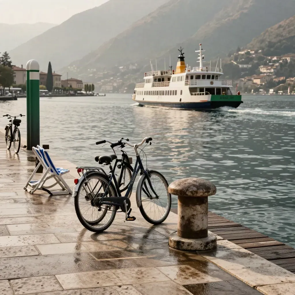 Pontile del Garda con bici, sdraio a righe e scia del traghetto nella luce del mattino