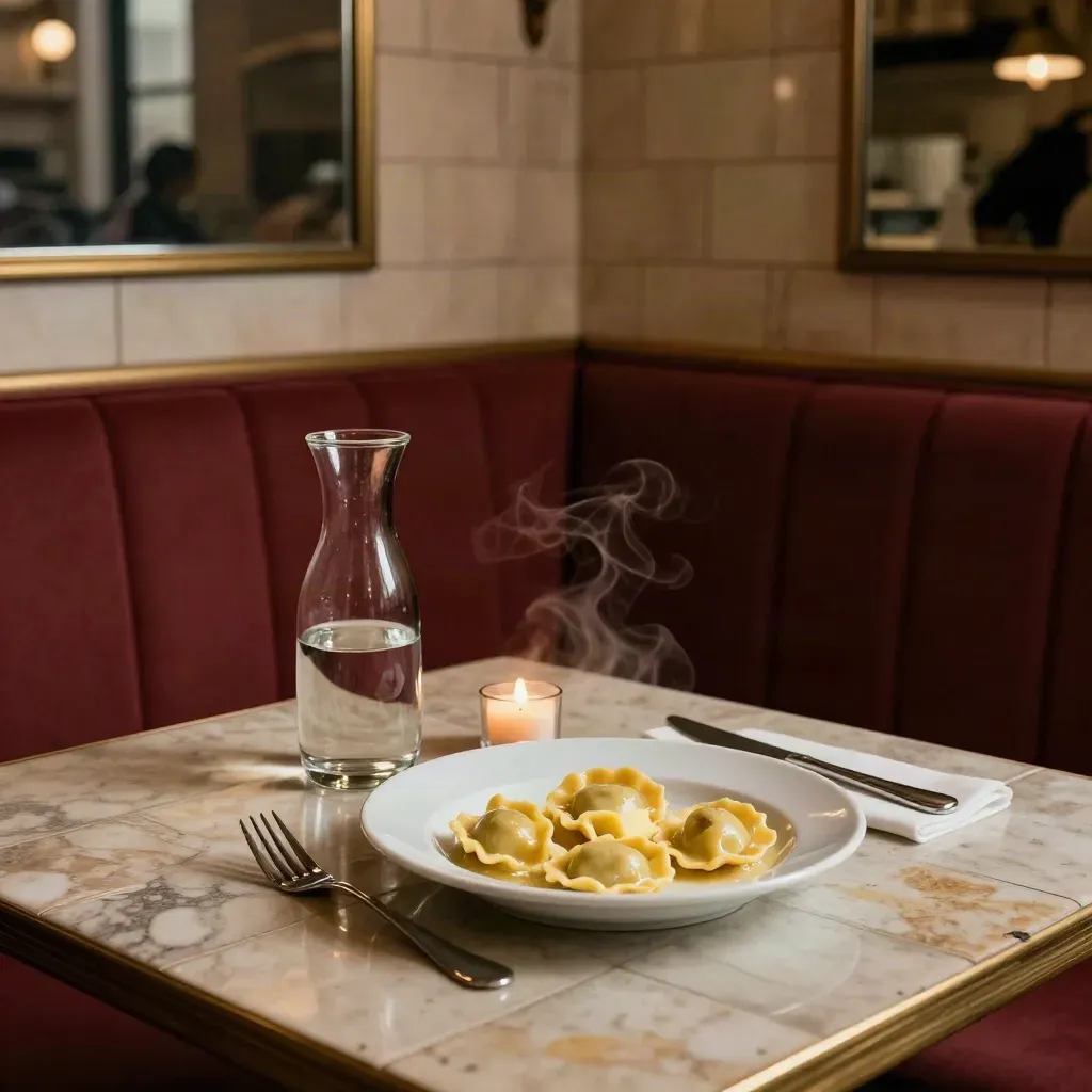 Interno di trattoria torinese con agnolotti, caraffa, candela e banquette rossa.