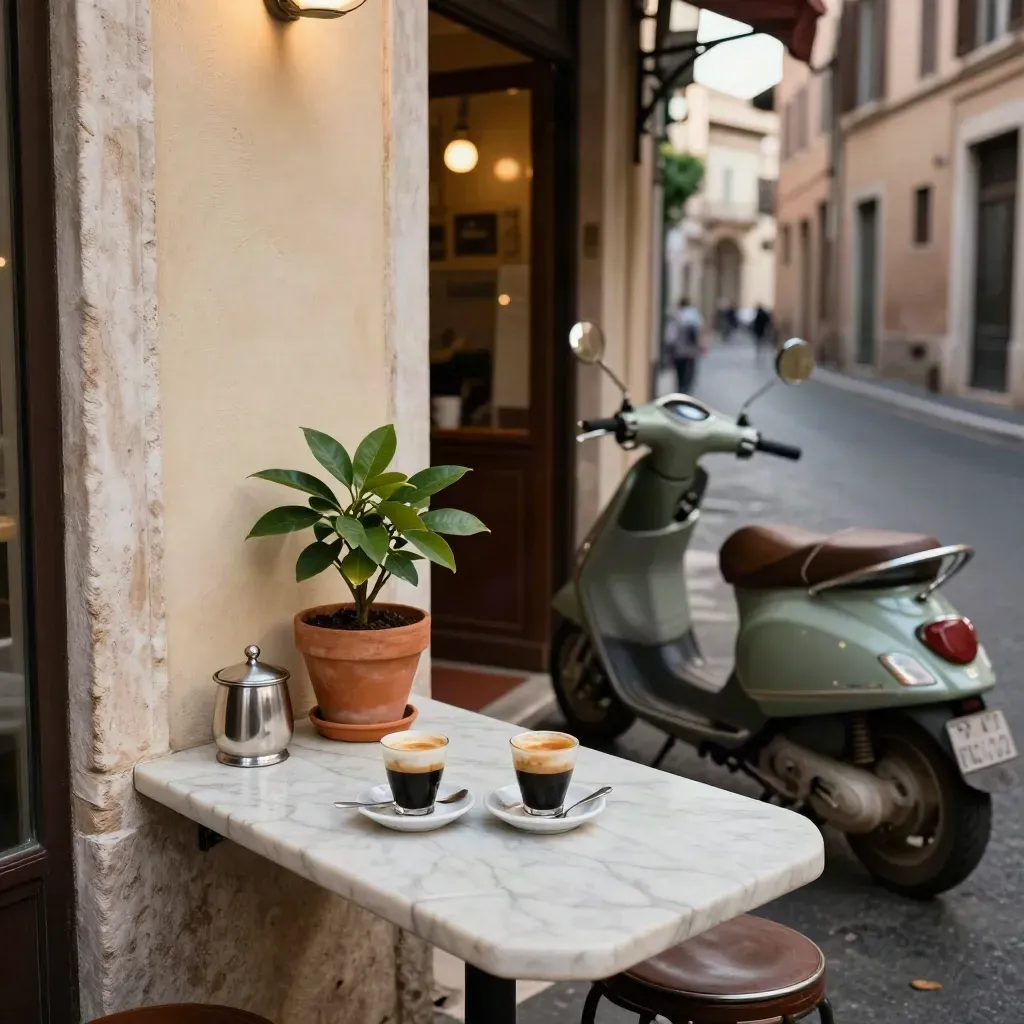 Angolo di caffè romano con tazzine, limone in vaso e scooter fuori dalla porta