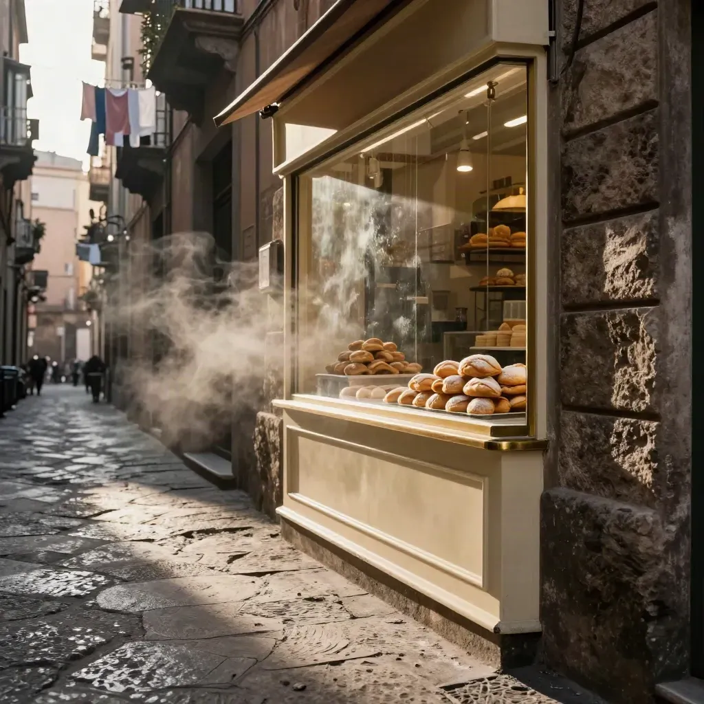 Vicolo napoletano con forno, pasticceria in vetrina, pavé e panni stesi nella luce del mattino