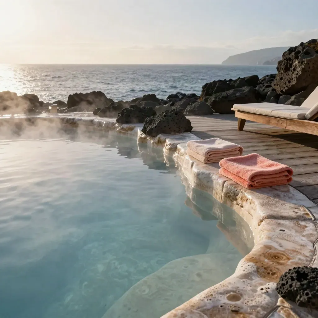 Terrazza termale a Ischia con vapori, vasca minerale, asciugamani e mare all’orizzonte.