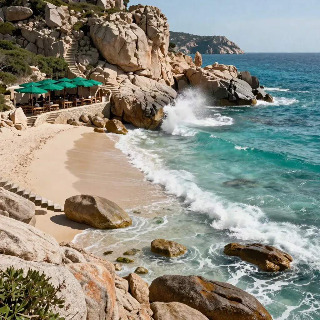 Baia sarda di granito con mare turchese, parasoli verdi e spruzzi di schiuma