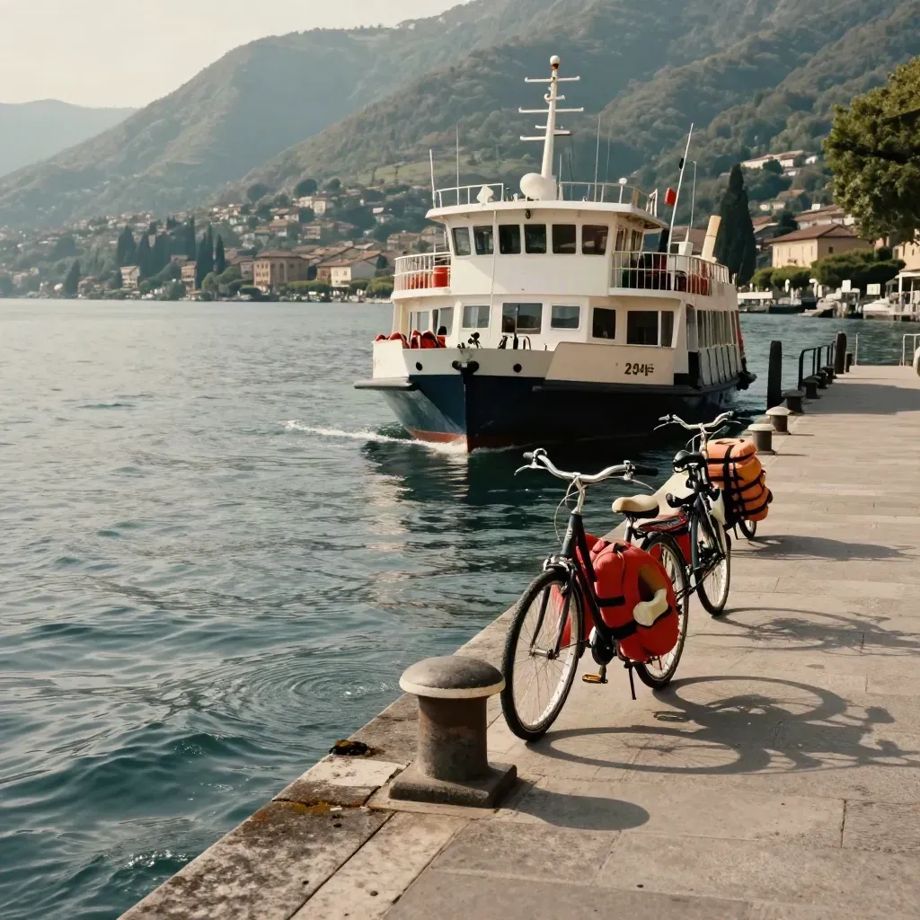 Molo del Lago di Garda con biciclette a noleggio, giubbotti di salvataggio e ferry in arrivo.