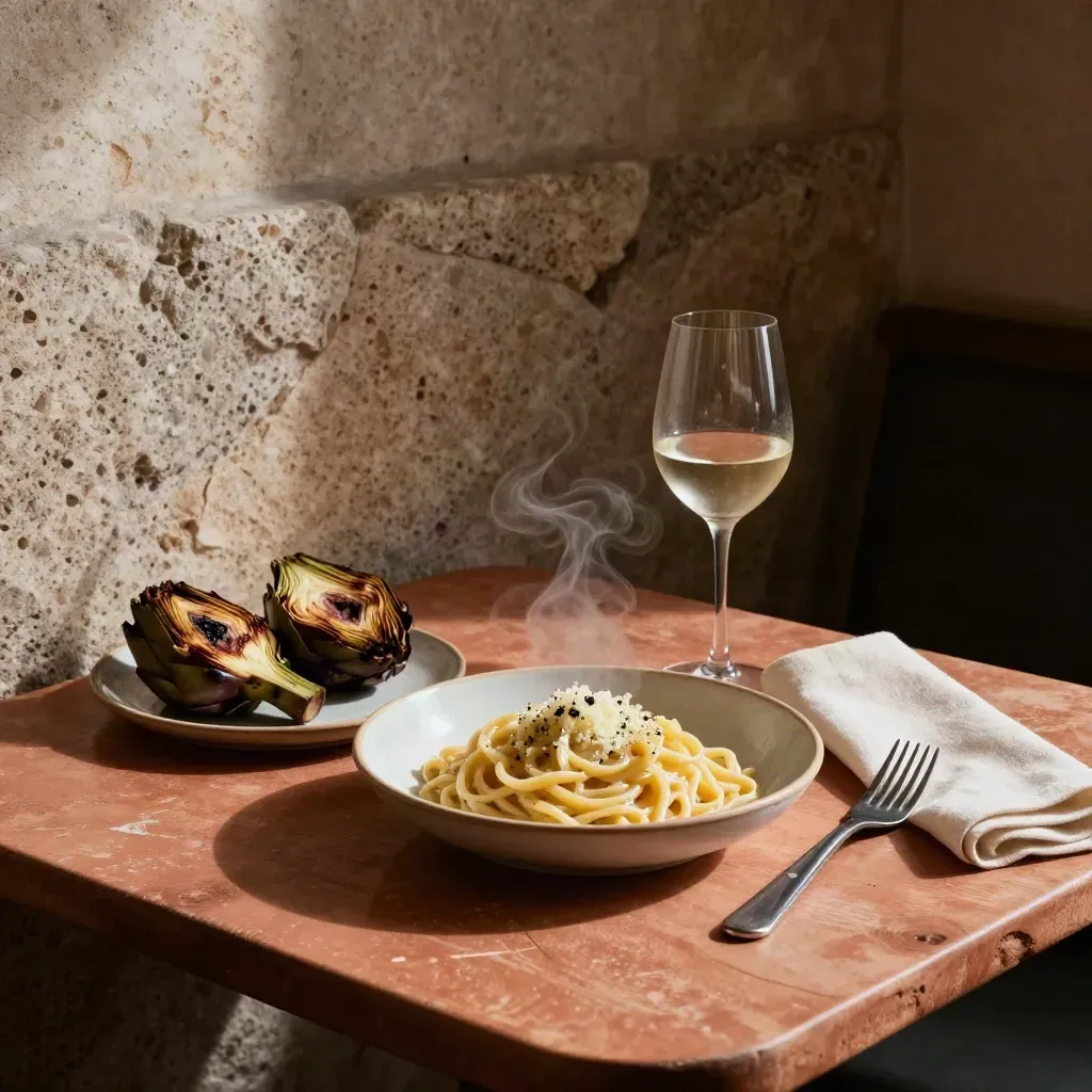 Tavola romana con cacio e pepe fumante, carciofi e bicchiere di vino bianco.