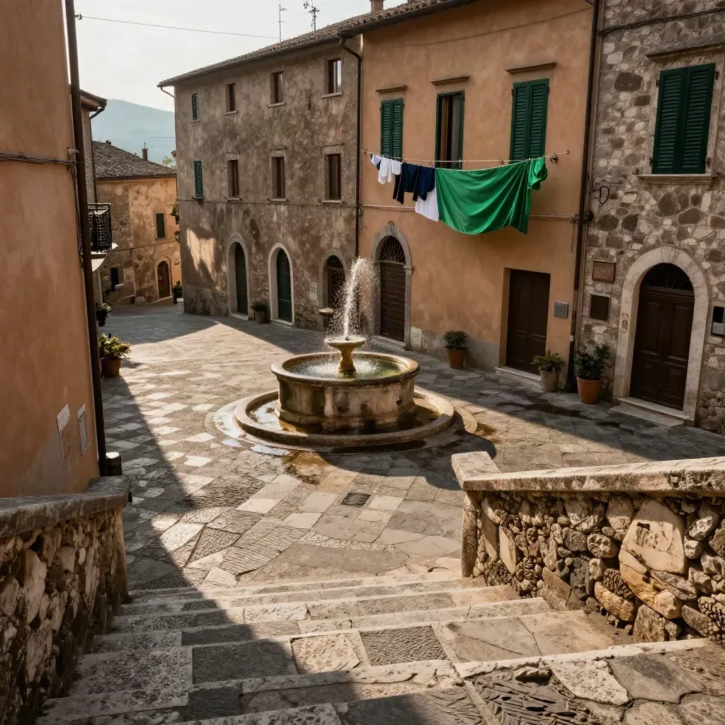 Piazzetta umbra con fontana, scale in pietra e bucato verde al vento nel tardo pomeriggio.