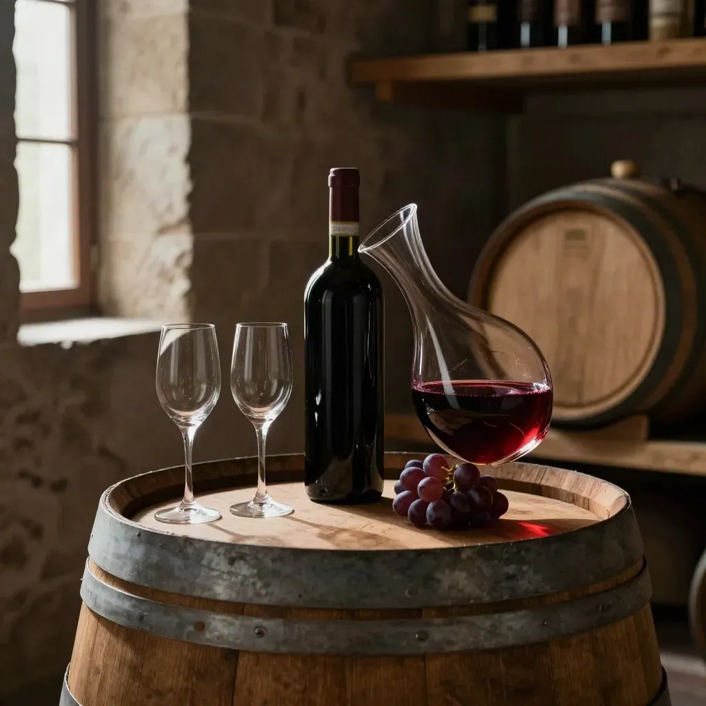 Cantina piemontese con bottiglia di Barolo, bicchieri, botte di rovere e riflessi rosso rubino.