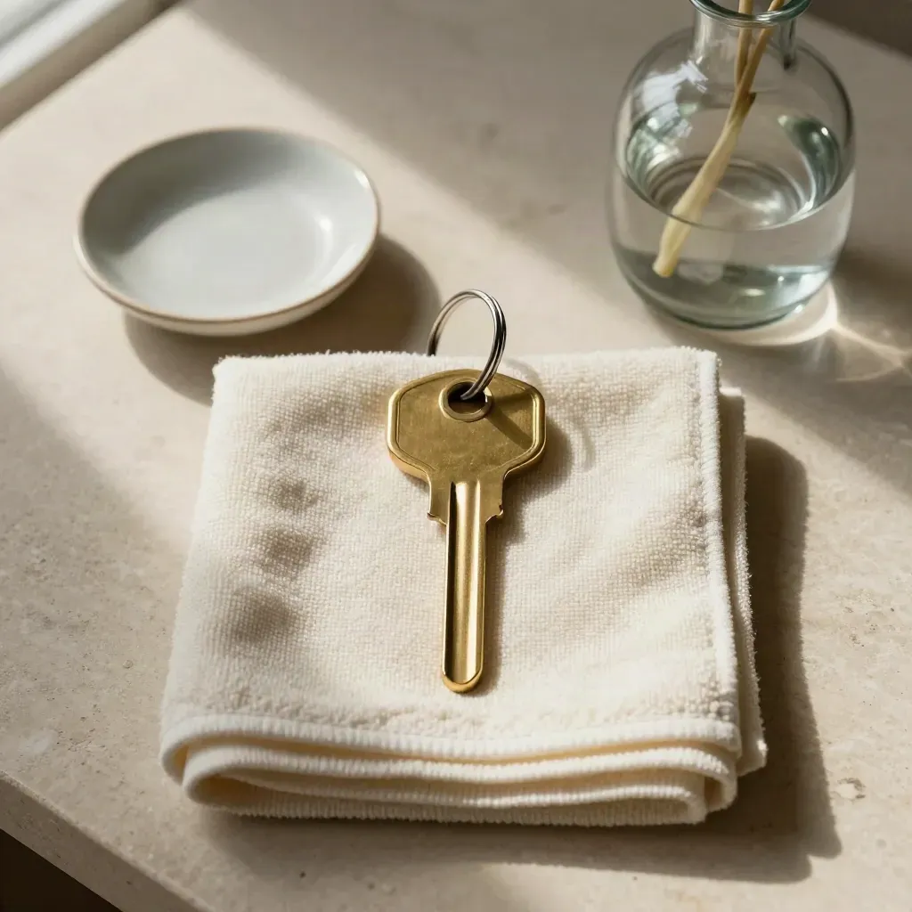 Chiave in ottone con asciugamano, piattino ceramico e vaso in vetro su pietra chiara