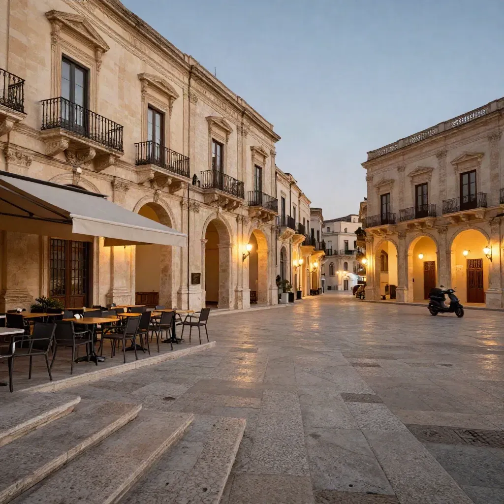 Piazza barocca di Lecce al tramonto con facciate crema, tavolini e luci calde.