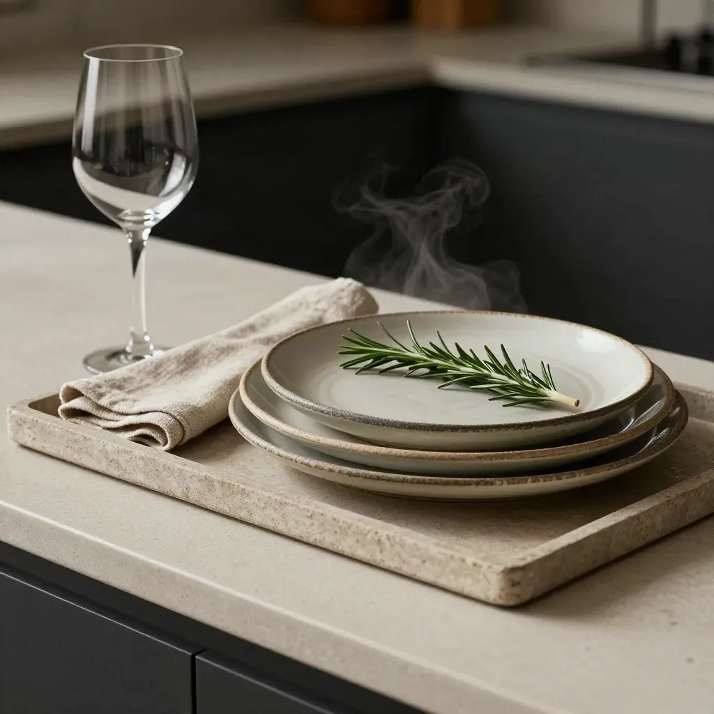Piatti ceramici impilati con tovagliolo di lino, calice e rosmarino su vassoio in pietra.