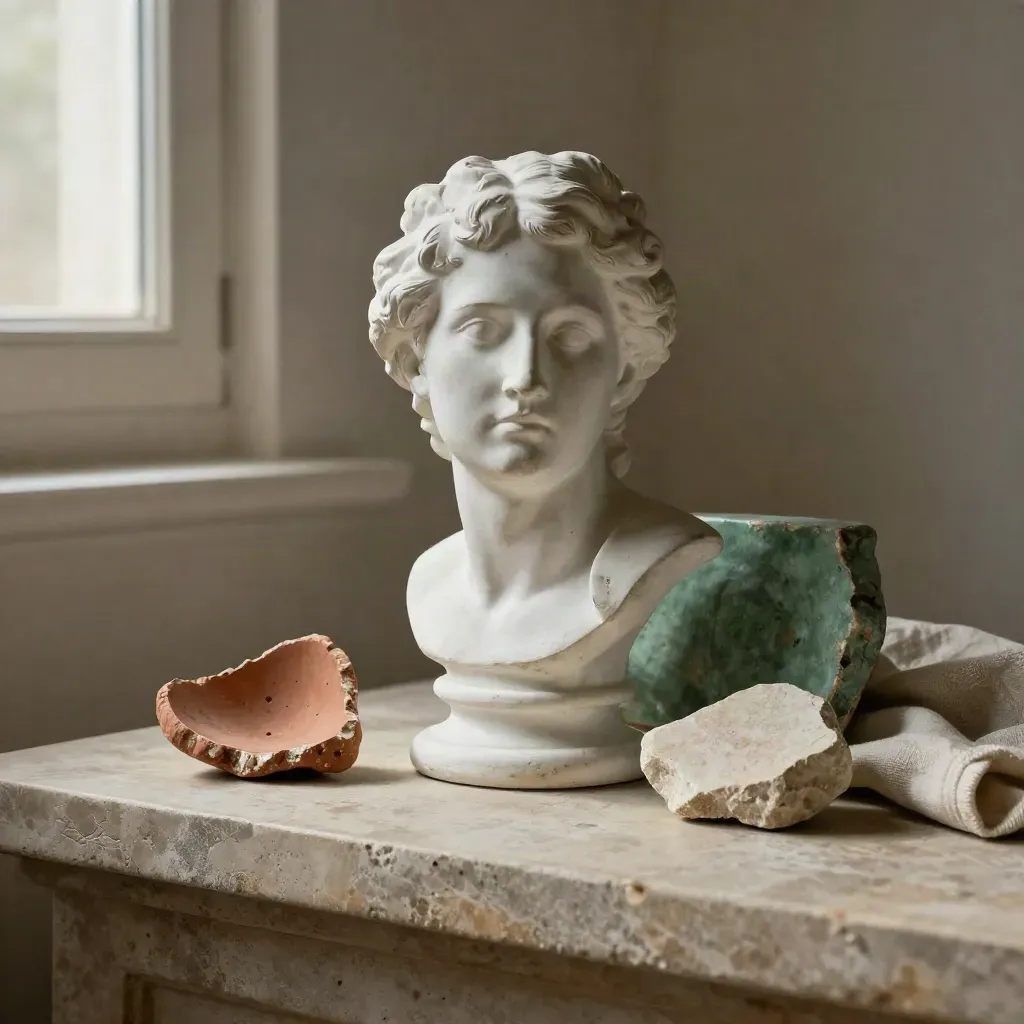 Busto in gesso, frammento di terracotta e lino su mensola di pietra, luce radente