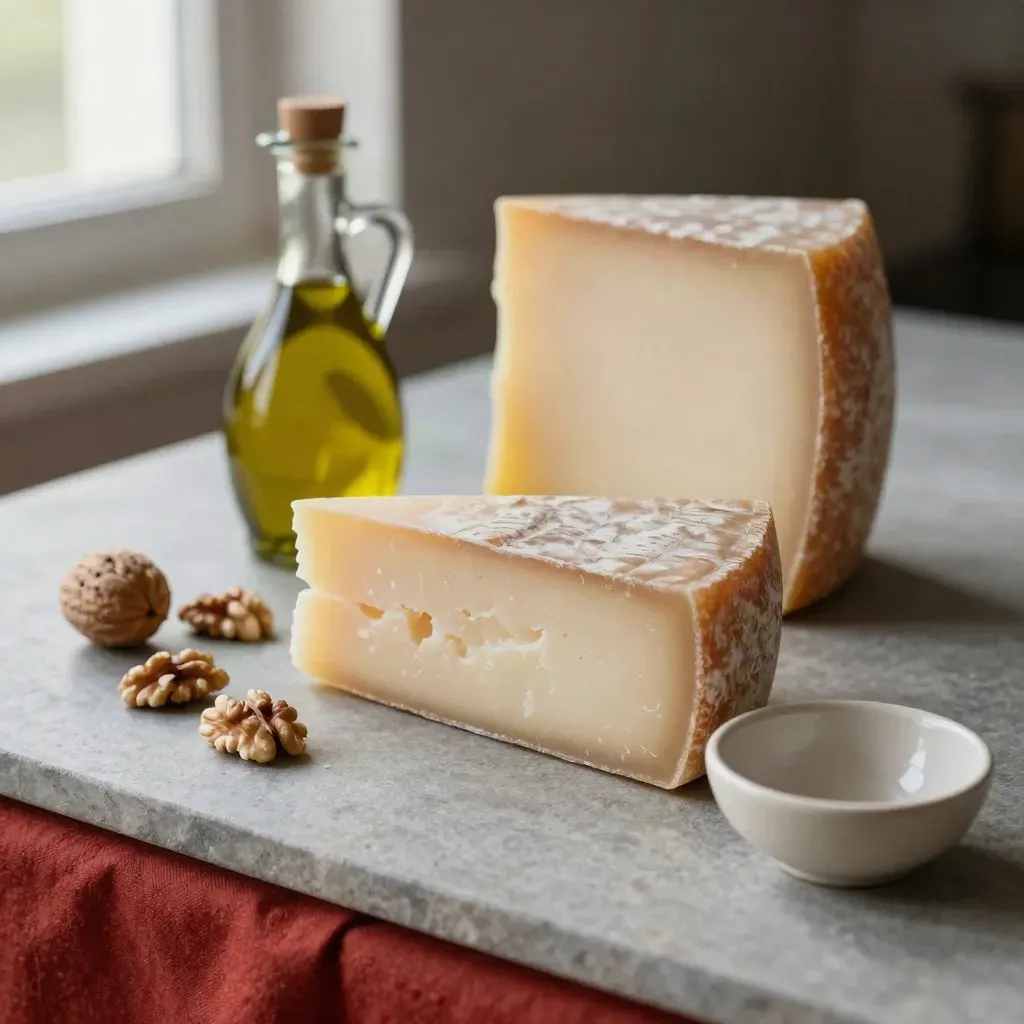 Formaggio pecorino, olio d’oliva, noci e ciotola in ceramica su pietra chiara